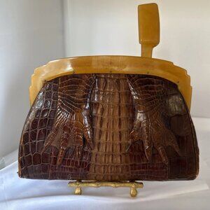 Vintage 1930s Alligator Handbag with Butterscotch Bakelite Frame